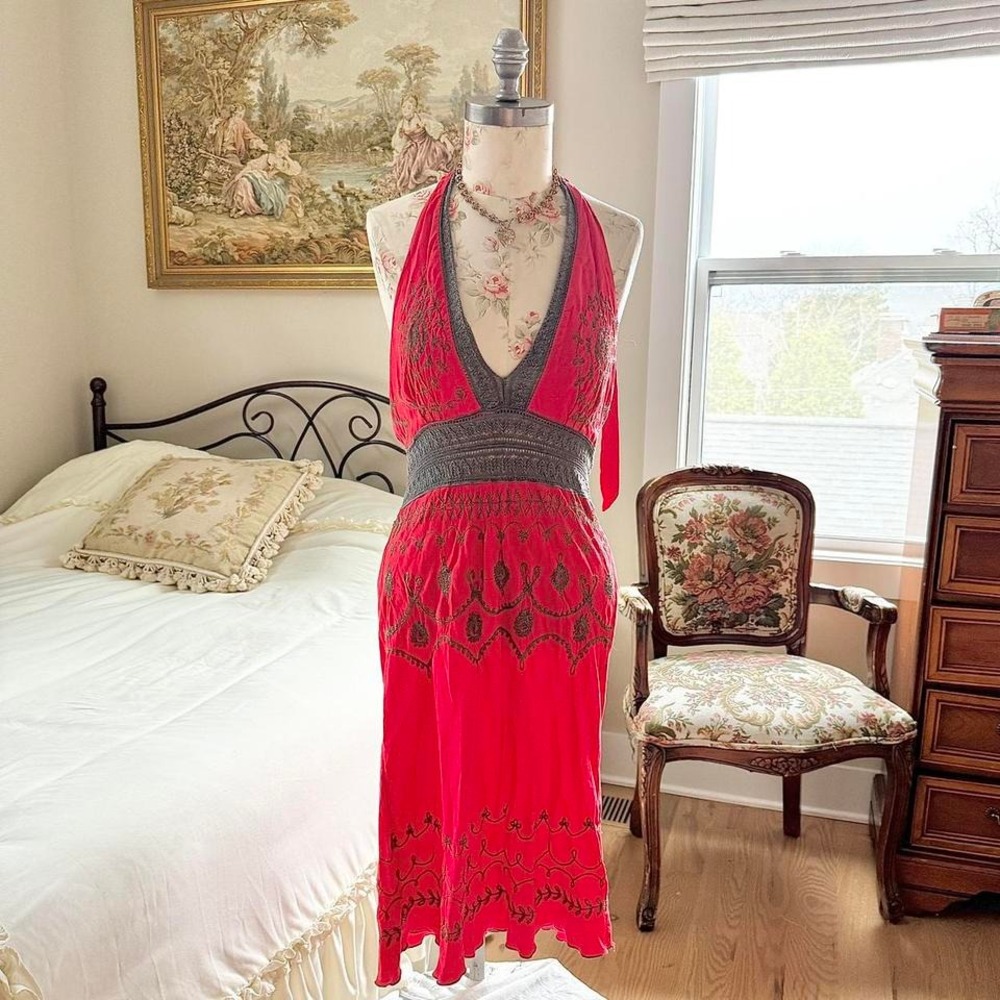 red embroidered halter dress Elevate‎ size large